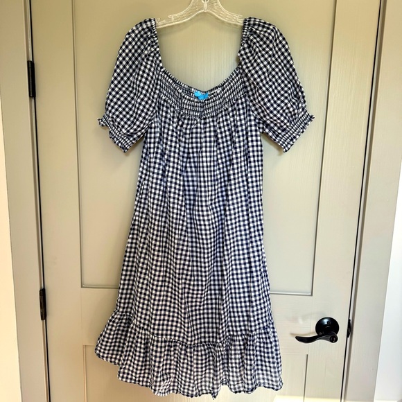 Draper James Dresses & Skirts - DRAPER JAMES RSVP Smocked Neck Puff Sleeve‎ Dress 100% Cotton Navy Gingham Sz XL